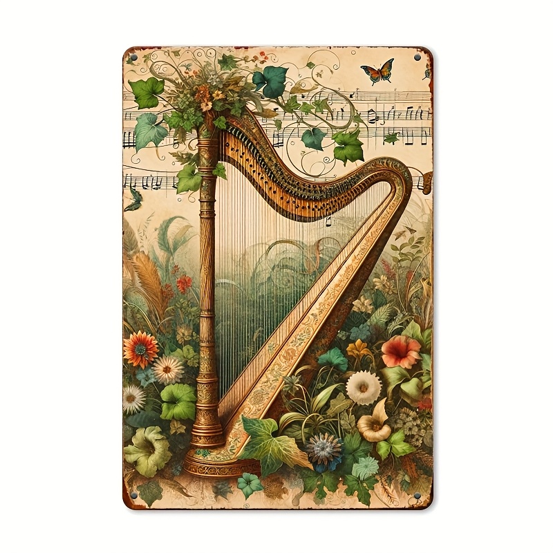 Musical Instrument Sign - Vintage Harfa Kwiatowa Nuta Muzyczna Metalowy